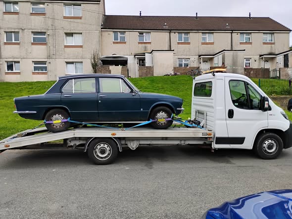 Blue Triumph Dolomite, a non-runner classic, secured on Ian's transporter in Mountain Ash, Mid Glamorgan, ready for delivery to Gloucester